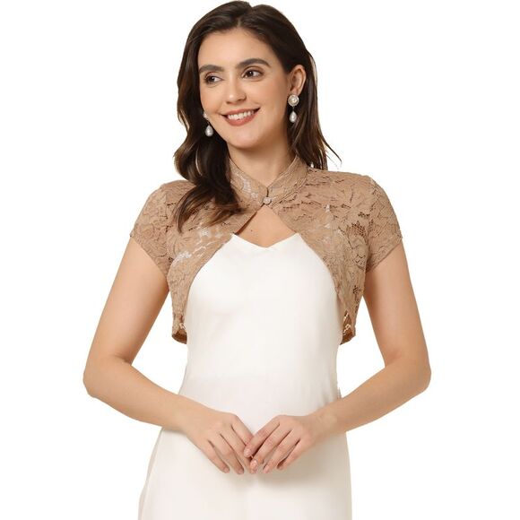 Lace Cardigan Stand Collar Short Sleeve Shrug Khaki - Picture 1 of 5